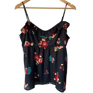 American Eagle Y2K 2000s Floral Babydoll Tank Top Womens XL Navy Blue Ruffle EUC